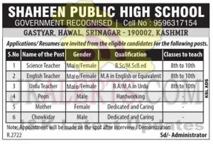 Shaheen Public High School Srinagar Jobs Recruitment 2022.