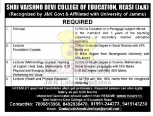 Shri Vaishno Devi College of Education Jobs.