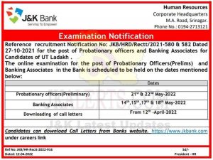 JKBANK Probationary Officers and Banking Associates Exam Schedule.