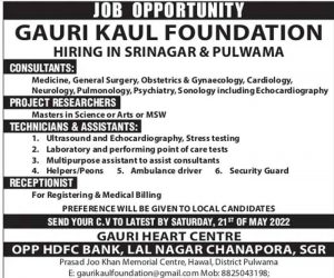 Gauri Kaul Heart Centre Srinagar Jobs Recruitment 2022