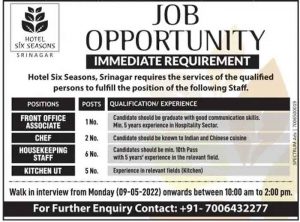 Hotel Six Seasons Srinagar Jobs.
