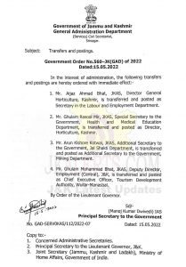 J&K Govt Orders Minor Reshuffle In Civil Administration.
