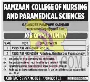 Ramzaan College of Nursing Srinagar Jobs.