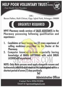 Sales Assistants Post in HPVT Pharmacy.