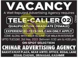 Tele Caller Jobs in Chinar Advertising Agency Srinagar.