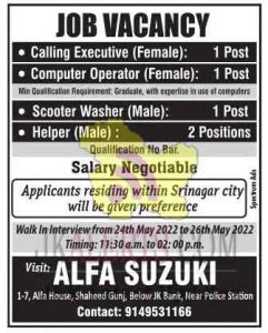 Alfa Suzuki jobs recruitment 2022.