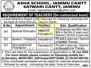 Asha School Jammu Cantt Jobs Recruitment 2022.