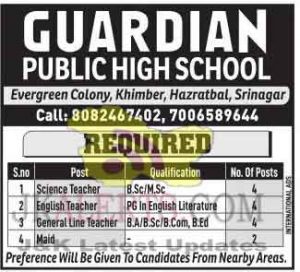 Teacher jobs in Guardian Public School Srinagar.
