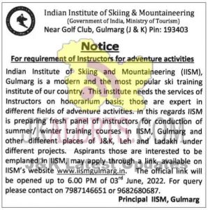 Requirement of Instructors in (IISM), Gulmarg.