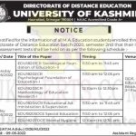 DDE Education Kashmir University internal assessment tests schedule.