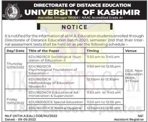 DDE Education Kashmir University internal assessment tests schedule.