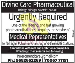 MR required in Divine Care Pharmaceutical.