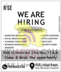 RISE Institute Srinagar Jobs Recruitment 2022.