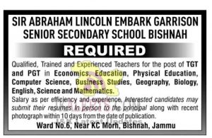 Teacher jobs in Sir Abraham Lincoln embark garrison senior secondary school Bishnah