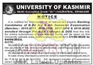 University of Kashmir Notification for Backlog Candidates.