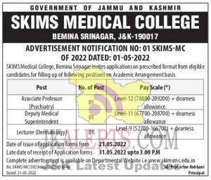 SKIMS Medical college recruitment 2022.