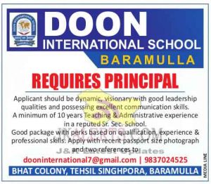 Doon International School Srinagar Jobs Recruitment 2022.