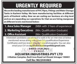 Aquatek Industries Pvt. Ltd. Jobs 2022. Area Sales Manager, Marketing Executives, Office assistant