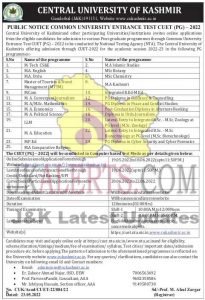 Central University of Kashmir Entrance test CUET (PG)-2022