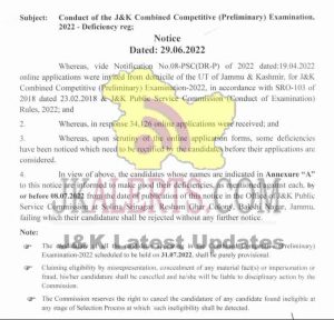 Conduct of the J&K Combined Competitive (Preliminary) Examination, 2022 - Deficiency reg;