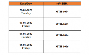 Datesheet for 10th End Semester Examination of Integrated B.sc-M.sc Mathematics Programme