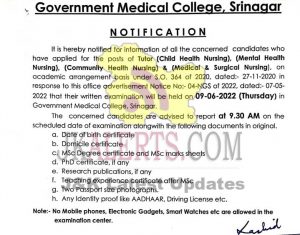 Government Medical College GMC Srinagar Notification