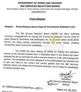 JKSSB Press Release about Class-IV Provisional Selection List.