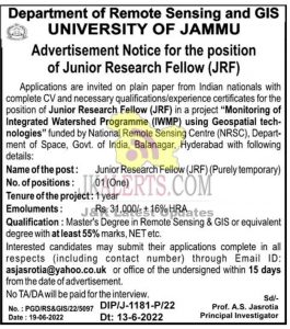 Jobs in Jammu University Department of Remote Sensing & GIS 