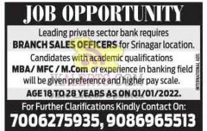 Jobs in Private Sector Banks Branch sales officers.
