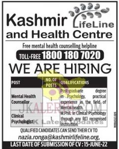 Kashmir Lifeline and Health Centre jobs 2022 Mental Health Counselors Clinical Psychologist 