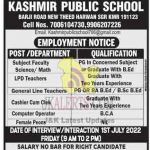 Kashmir Public School Jobs 2022 Subject Faculty ScienceMath, LPD Teachers, General Line Teachers, Cashier Cum Clerk, Computer Operator, and female peons.