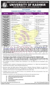 Kashmir University Entrance Test 2022 Date Sheet.