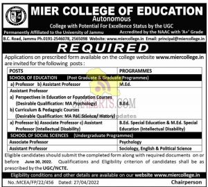 MIER College of Education Jobs Recruitment 2022.