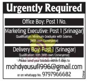 Marketing ExecutiveOffice boyDelivery boy jobs in Srinagar
