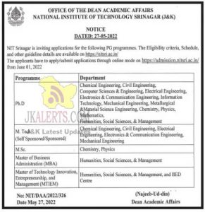 NIT Srinagar PG programmes 2022