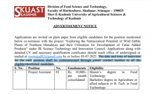 SKUAST Kashmir jobs 2022 Project Assistant 