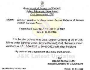 Govt announced Summer vacation for all degree colleges of Jammu.