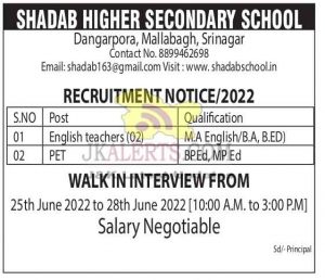 Teacher jobs in Shadab Higher Secondary School