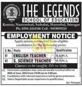 The Legends School of Education Jobs Recruitment 2022.