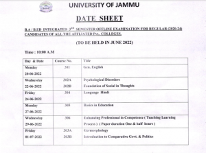 University of Jammu Datesheet B.AB.ED integrated 3rd Semester 2022