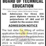 Admission for three (03) years of diploma courses in the polytechnics UT J&K and UT Ladakh for the session 2022