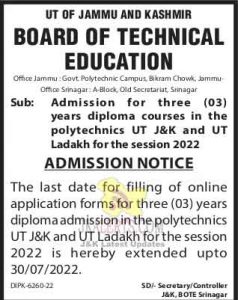 Admission for three (03) years of diploma courses in the polytechnics UT J&K and UT Ladakh for the session 2022
