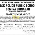 Child Counselor post in J&K Police Public School Bemina Srinagar.