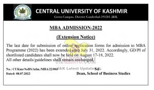 Extension Notice for Admission MBA 2022 CUK
