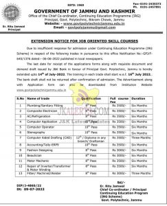 Extension notice for job oriented skill courses Govt. Polytechnic, Jammu