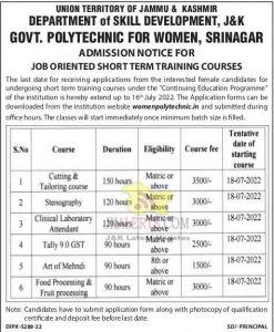 Govt Polytechnic for women Admission Notice for short-term training courses.