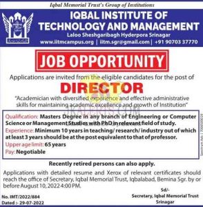 Iqbal institute of technology and management jobs 2022