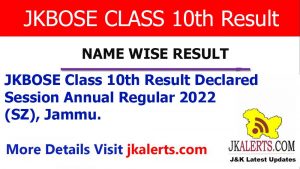 JKBOSE Class 10th Result Name Wise Jammu Division SZ.