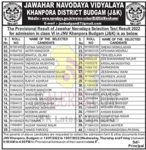 JNV Budgam Selection Test Result Class 6th admission.
