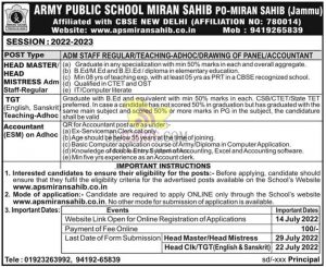 Jobs in Army public school Miran sahib